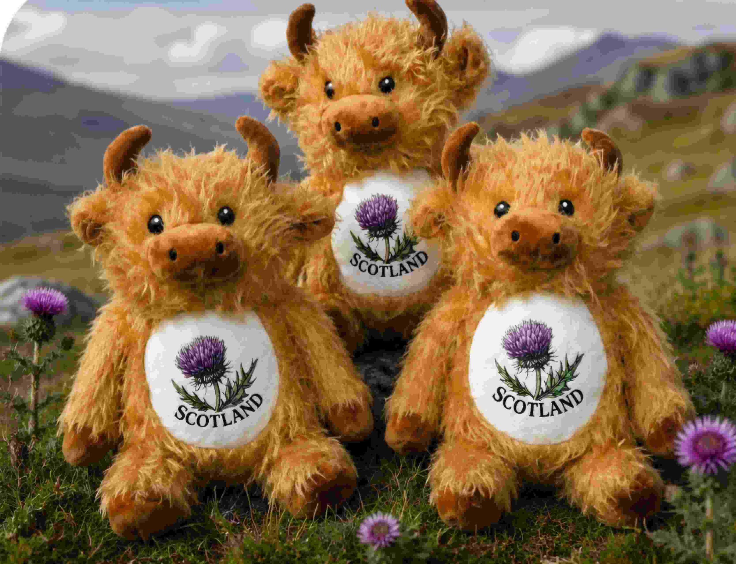 Highland Cow Plush with Thistle & Scotland Logo